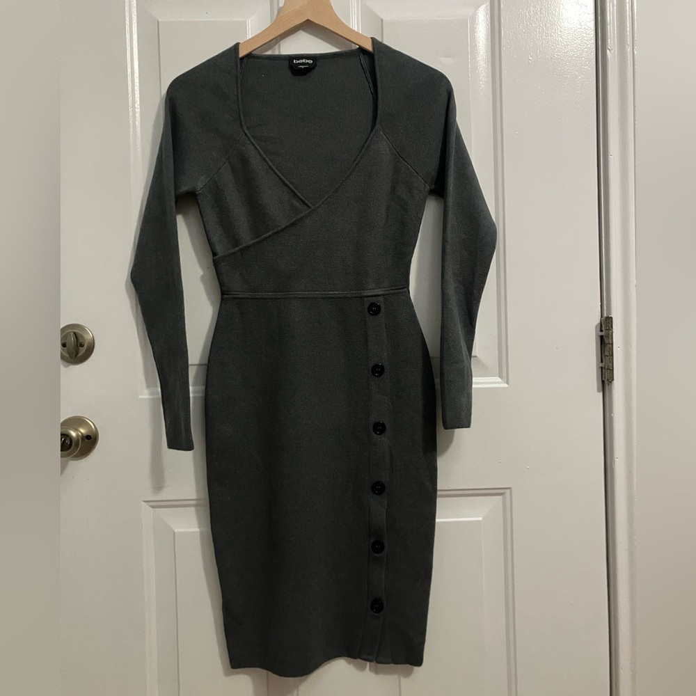 Bebe- button midi- sweater dress 
Dark gray